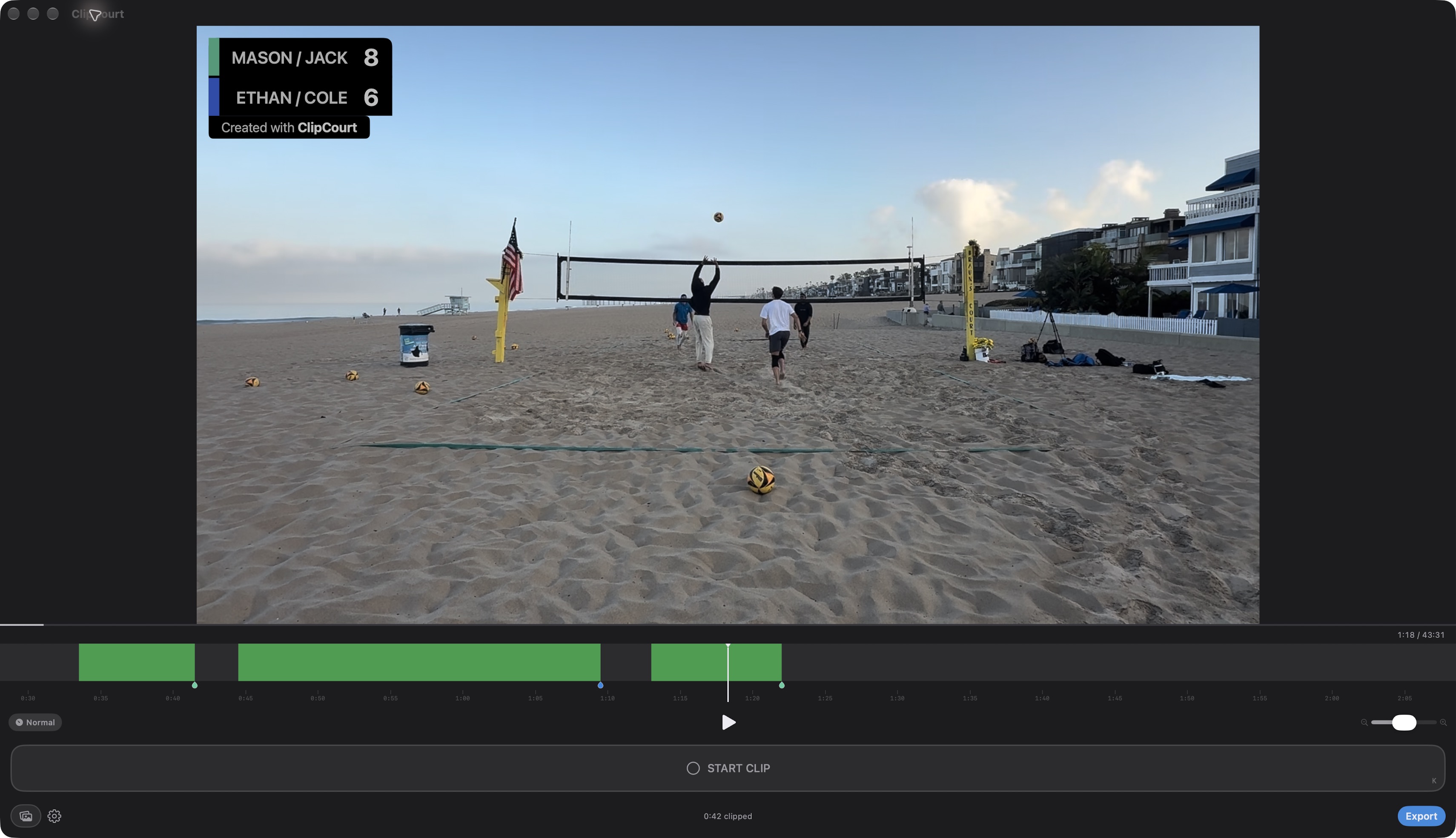 ClipCourt’s video editor showing beach volleyball, selected highlights on the timeline, and a scoreboard overlay.
